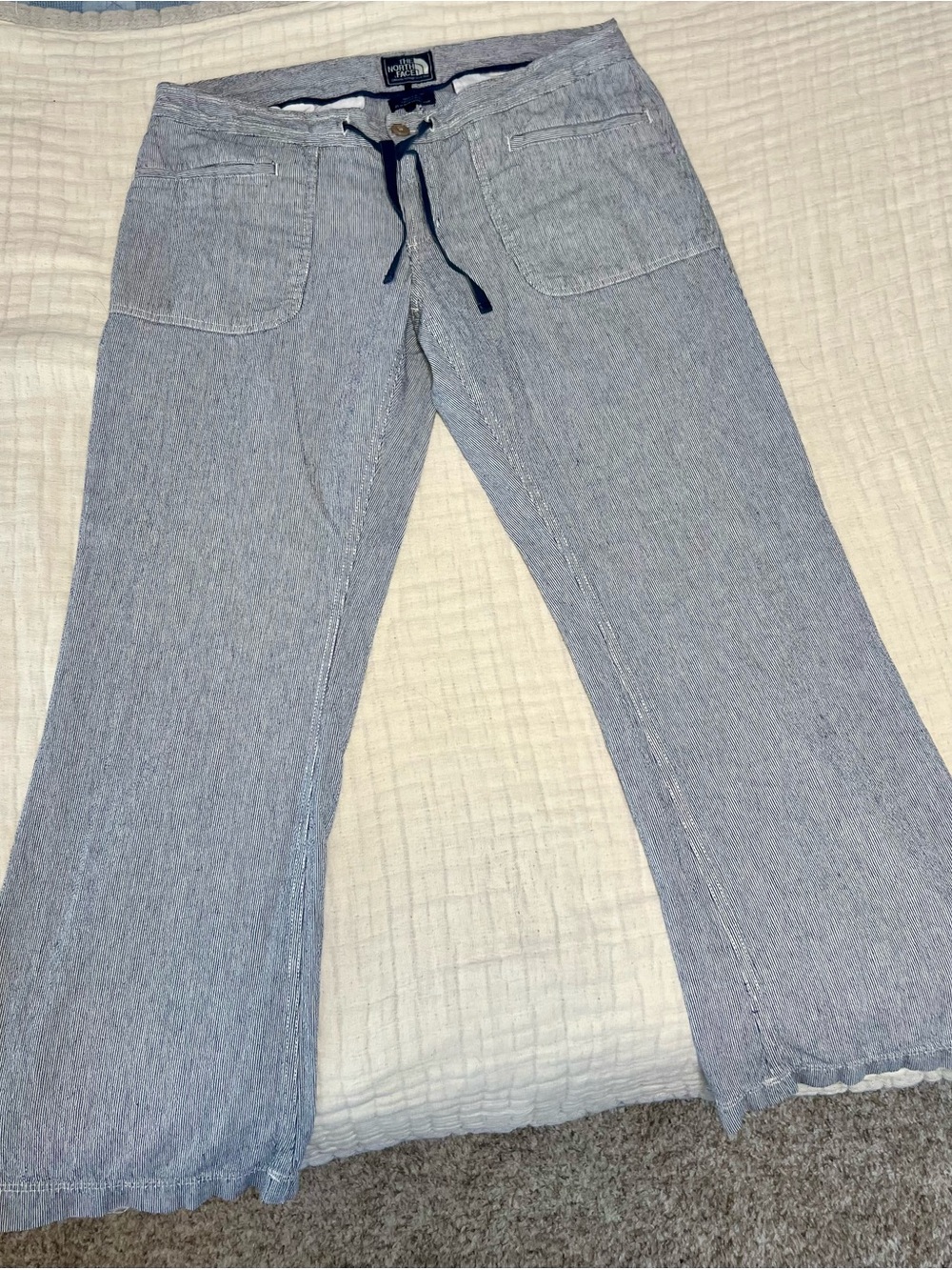 The North Face Navy and White Pinstriped Linen Blend, Size 14 Women’s Outdoor.